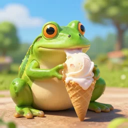 a frog eating ice cream on a hot summer day photography realistic