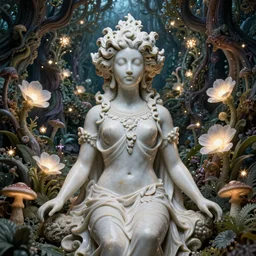 a fully dressed idealistic marble statue with relaxed hands and with beautiful porcelain face with fractal flowery hair in a fractal garden, glowing delicate flower and mushrooms that grow in a dark fatansy forest on the planet pandora,, symmetrical,