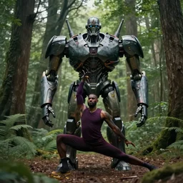 lebron james doing yoga in the forest, cybertronian, long shot, cinematography by wes anderson, 4 k octane render, intricate detail, photorealistic, cinematic lighting, artstation