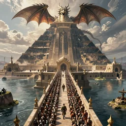 wide establishing shot fantasy scene by martin deschambault and canaletto and andreas rocha of many soliders marching in formation on a bridge leading to a gigantic pyramid temple, nicol bolas dragon on top of the pyramid, epic cinematic composition, mtg art, digital concept, fine details, unreal engine, hyperrealism, octane render, aerial symmetrical view