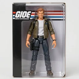 portrait photo of an obscure prototype gi joe action figure still in box and sealed, indoors, f 1. 4, golden ratio, rim light, top light, overcast day