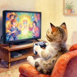a beautifull intricate watercolour painting of a cute kitten playing video games!! on a couch watching big screen television, warm colors, cinematic frame, contest, verry high details by william turner art, greg rutkowski and alphonse mucha, trending on artstation, very very detailed, masterpiece, vibrant colors