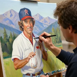 a closeup photorealistic photograph of bob ross working on an image of kenny powers autographing a baseball, painting on a canvas. mountains and trees. film still. brightly lit scene. this 4 k hd image is trending on artstation, featured on behance, well - rendered, extra crisp, features intricate detail, epic composition and the style of unreal engine.