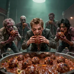 zombies from resident evil eating meatballs, Greg Rutkowski, Darek Zabrocki, Karlkka, Jayison Devadas, Phuoc Quan, trending on Artstation, 8K, ultra wide angle, pincushion lens effect.