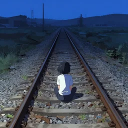 girl with short black hair, she sits on an abandoned railway track, at midnight, clear sky, view from above, digital concept art illustration by akihiko yoshida and jean - baptiste monge and makoto shinkai and wlop and wadim kashin, 4 k artstation