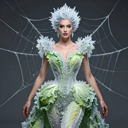 an insanely intricate portrait of a beautifull godess in spiderweb with ice crystals, dress made of cabbages, glamour shot, by karol bak, stefan gesell, photorealistic, nikon d 4 x, fashion photography, hyper maximalist, elegant, ornate, luxury, elite, environmental portrait, symmetrical features, octane render, unreal engine, solid dark grey background, dramatic lights