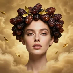 epic portrait of beautiful female face supermodel portrait wearing brown dates fruit crown, golden tea leaves flying in sky by amy leibowitz, wlop, jeremy lipkin, beeple, intricate, artgerm, ilya kuvshinov, golden clouds background