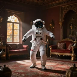 a cosmonaut in a spacesuit dancing, inside a richly decorated indian house. the autumn light comes in through a window and dimly illuminates the room, diffuse light, octane render, 4 k, matte painting