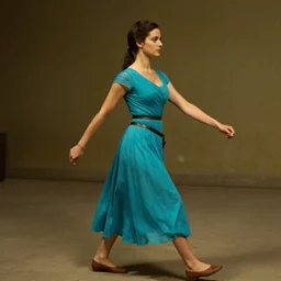 a female warrior in a turquoise dress, marching with confidence, cinematic lighting, establishing shot, edward hopper art