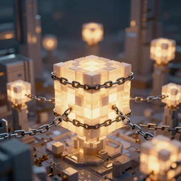 glowing futuristic voxel blocks tied together with chains