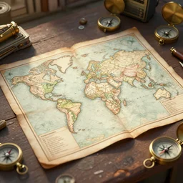 an old map sitting on a table surrounded by small aparatus and compass, daylight, hyperdetailed, sharp, artstation, 3 d render, ray tracing