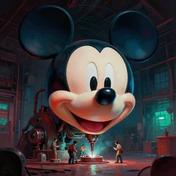 a enormous giant mickey mouse head being drilled like a mechanical machine by small workers inside of a dark old warehouse, red and blue - green lighting, cinematic, art by beeple and wlop, digital art, thick painting strokes, trending on artstation, award winning