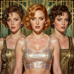 symmetrical!!!, looking at camera!!!, highly detailed upper body portrait christina hendricks wearing shiny plastic crop top during the roaring 2 0 s, artdeco, glistering skin, oiled, intricate, elegant, highly detailed, centered, digital painting, artstation, concept art, smooth, sharp focus, illustration, artgerm, tomasz alen kopera, peter mohrbacher, donato giancola, joseph christian leyendecker, wlop, boris vallejo