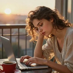 sunrise on the balcony. a tired young woman with messy hairstyle is typing on her laptop. half of her body can be seen. a red coffee mug can be seen on the table next to the laptop. sunlight is beautifully lighting the face. depth of field, in the sun, backlit, closeup, oil on canvas, art by botticelli 1 4 9 9, in the style of the birth of venus, smooth, renaissance, florentine painting, 8 k