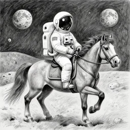 Pencil drawing of a spaceman riding a pony on the moon