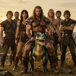 epic centered portrait of muscled warrior barbarian riding a tiny green dinosaur, golden hour, lilia alvarado, sophie anderson, mark arian, bob byerley, charlie bowater, mark brooks, justin gerard, ross tran, wlop, william adolphe bouguereau