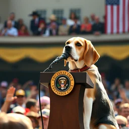 a beagle giving a presidential speech to a crowd