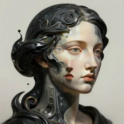 epic concept art. abstract female face silhouette mixing with black and color liquid fluid. abstract sculpture. art deco swirls. masterpiece by michelangelo. concept art, matte painting, close up portrait, multiple female eyes. greg rutkowski, 3 d, wlop, victo ngai