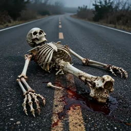 an extremely creepy picture of a bone in the road with blood and other bones which are part of a skeleton
