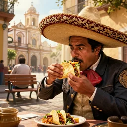 epic masterpiece of cinematographic hyperrealism where a mexican with a hat appears eating a taco in the background you can see the seat of san jasinto. realistic shaded lighting poster by craig mallismo, artgerm, jeremy lipkin and michael garmash, unreal engine, radiant light, detailed and intricate environment, digital art, art station trends