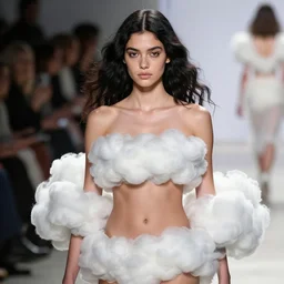 olivia wearing an outfit made from clouds, at new york fashion week, lush black hair, average physique, freckled pale skin, photo by steve mccurry, stage lighting, soft colors, female beauty, intricate detail, risque fashion, elegance, 3 5 mm, depth of field, masterpiece