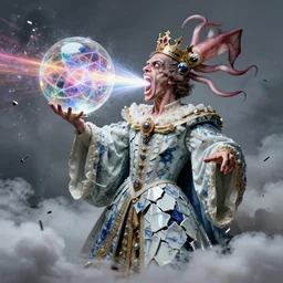 a perfect majestic portrait photograph of a distorted, contorted human monarch ludicrously bursting into a cloud of shrapnel. their gaping mouth is blasting colored rays of pure energy in a fractal glass sphere. expressive robes of shattered porcelain, and a crown of squid engulfing their head.