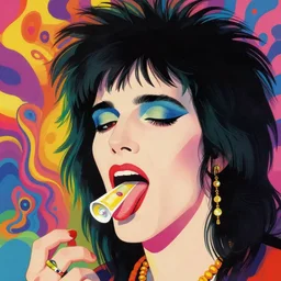 a colorful vibrant closeup portrait of a glam rock musician licking a tab of lsd acid on his tongue and dreaming psychedelic hallucinations, by kawase hasui, moebius, edward hopper and james gilleard, zdzislaw beksinski, steven outram colorful flat surreal design, hd, 8 k, artstation