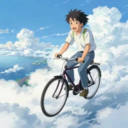 a beautiful ultradetailed anime illustration of a happy man flying in the sky on his bicycle in the clouds, up to bottom is clouds，sea，railway，by makoto shinkai，anime wallpaper 4k，prismatic