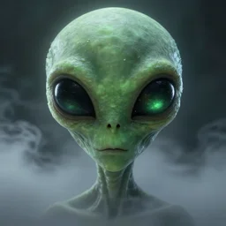 alien with large black eyes and a very long forehead. green semitransparant cloudy lightly glowing eyes. high quality photorealistic octane render 4 k raytraced, photo, 2 0 2 2, volumetric fog, subsurface scattering, scary, unnerving, serious, dark, fear, concept art in the style of chris foss