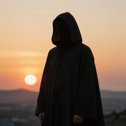 a man in black cloak with covered face looking at the sunset