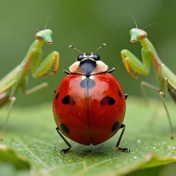 a ladybug twerking in front of praying mantises