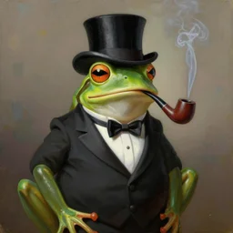 a frog in a tuxedo with a top hat smoking a pipe, oil painting, portrait