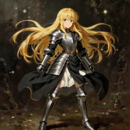 baroque oil painting japanese light novel cover illustration anime key visual full body action shot | young girl maid wearing black military uniform crusader armour with long flowing blonde hair | lotr gapmoe kuudere moody lighting stunning bokeh highlights sharp contrast | trending pixiv fanbox | by greg rutkowski makoto shinkai takashi takeuchi studio ghibli
