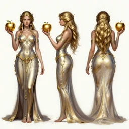 character design turnaround!!! sheet, concept art, front, side, back, eris goddess of chaos holding metallic gold metal apple, multiview