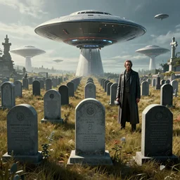 tombstones, ufos, top secret mind control, beksinski, wayne barlowe, very coherent symmetrical artwork, cinematic, hyper realism, high detail, octane render, 8 k