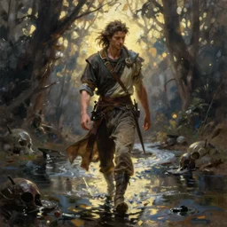 abhorsen walking through river of death, oil painting, Tooth Wu, Greg Rutkowski, RPG portrait, dynamic lighting, fantasy art, High contrast, depth of field