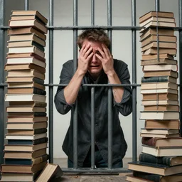 man crying in a prison made up of books