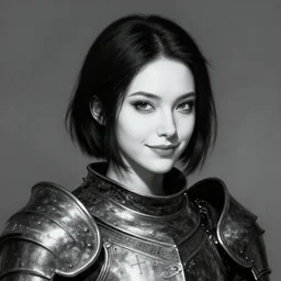 head and shoulders portrait of a female knight, black bob hair, smirk, white skin, beautiful, ornamental armor, dark fantasy, matte painting, by frank franzzeta, rossdraws, wlop