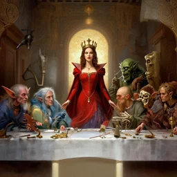 still dnd last supper, kate beckinsale stand as queen in red dress at center, goblin, mage, skeleton, orc, troll, golem, 8 k, deep focus, d & d, fantasy, intricate, elegant, highly detailed, digital painting, artstation, concept art, matte, sharp focus, illustration, hearthstone, art by alphonse mucha