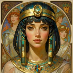 realistic detailed face portrait of a beautiful futuristic egyptian warrior priestess in alien cyberpunk armor by alphonse mucha, ayami kojima, amano, greg hildebrandt, and mark brooks, female, feminine, art nouveau, cyberpunk, stargate, neo - gothic, gothic, character concept design