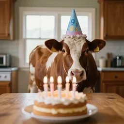 photo of a cow wearing a cone party hat with a defocused birthday cake with lit candles in the foreground, in a country home midday on a kitchen table, 8 k, 8 5 mm f 1. 8
