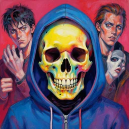 oil painting of colorful skull in hoodie, by sandra chevrier, craig mullins, joe jusko, junji ito, artstation, illustration, comic book, polychrome, vivid colors