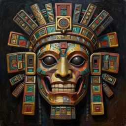 Doom themed painting of biomechanical aztec shaman symmetrical evil face mask pattern concept, intricate artwork by H.R. Giger, Johnatan Wayshak, Zdizslaw Beksinski, Ayami Kojima, Amano, Karol Bak, Greg Hildebrandt, and Mark Brooks, Neo-Gothic, gothic, rich deep colors, art by Takato Yamamoto, masterpiece, face by Artgerm, very coherent artwork, cinematic, hyper realism, high detail, octane render, unreal engine, 8k, High contrast, golden ratio, trending on cgsociety