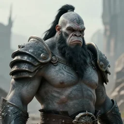 a d & d portrait of an armored gray - skinned goliath with face tattoos, sides of head shaved with black ponytail, black beard, art by deiv calviz, splash art, natural light, fantasy, atmospheric lighting, by greg rutkowski, hd wallpaper, ultra high details, cinematic composition, professional unique masterpiece