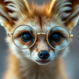 close up photo of a fennec fox wearing round lense glasses with a golden frame