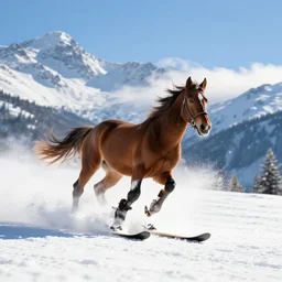 un cheval qui fait du ski dans la montagne