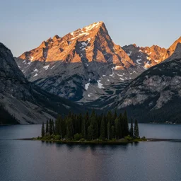 award winning landscape photography of wyoming rocky mountains with lake in front with island, wide angle, beautiful evening light
