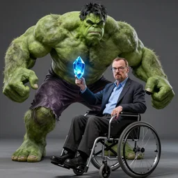 walter white with blue crystal - throwing superpowers fighting a large, strong green hulk - like stephen hawking while still in his wheelchair