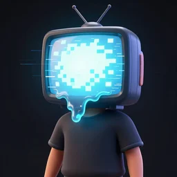 a man with a tv head, glowing melting screen and pixels, 3 d art, high contrast, highlights, glitch art, dark background, trending on artstation