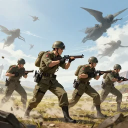 soldiers fighting on a battlefield with souls flying around. hyperrealistic anime background illustration by kim jung gi, colorful, extremely detailed intricate linework, smooth, super sharp focus, bright colors, high contrast, matte, octopath traveler, unreal engine 5 highly rendered, global illumination, radiant light